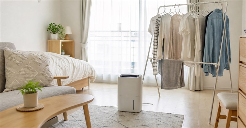 一人暮らしのワンルームに置かれた除湿機と部屋干し洗濯物