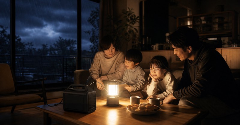 停電の夜にポータブル電源で明かりを灯す家族