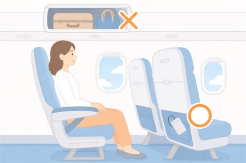 機内では収納棚に入れず手元に置く